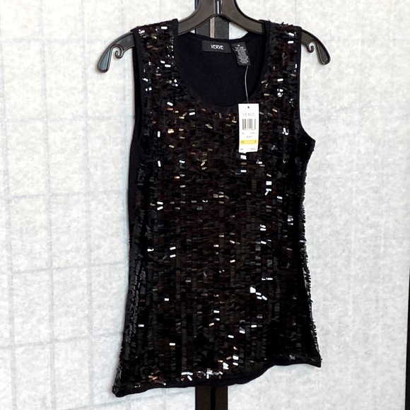 NEW! VERVE Black OBLONG Shiny SEQUINS HOLIDAY PARTY Sleeveless TANK TOP MEDIUM - Picture 8 of 8